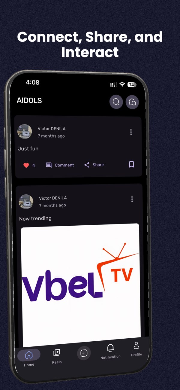 Aidols app screenshot showing the home feed with posts, reactions, comments, and sharing actions