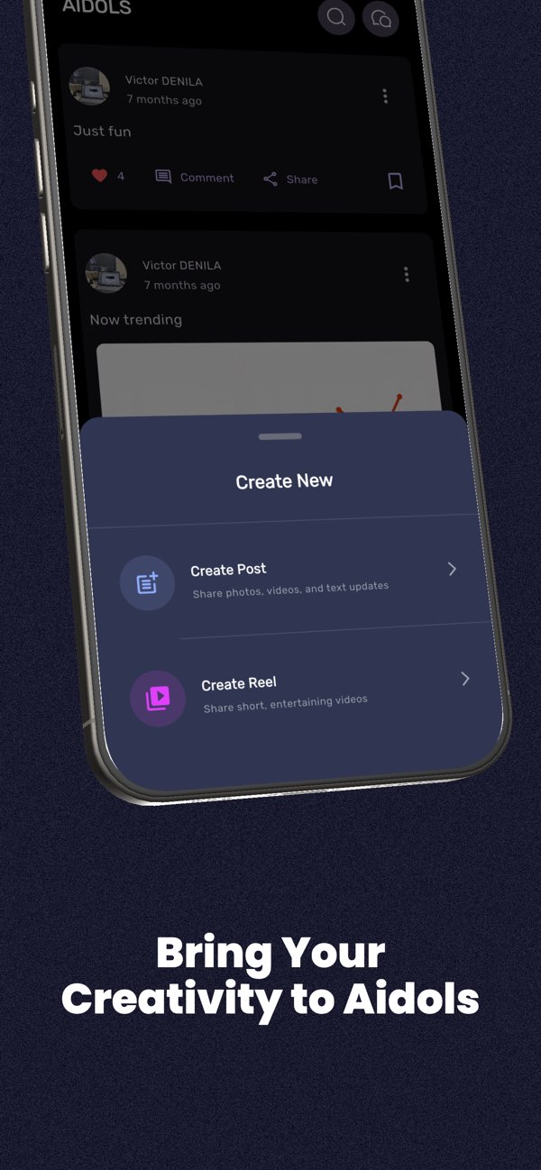 Aidols app screenshot showing the create menu for posts and reels