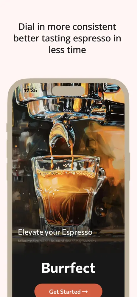 Burrfect app screenshot showing espresso shot tracking and automatic timer workflows