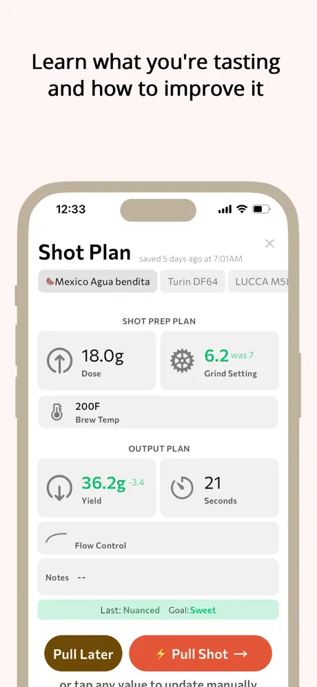 Burrfect app screenshot showing espresso recipe and dial-in workflows