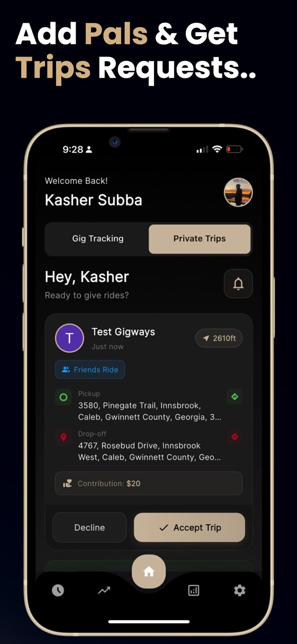 Gigways app screenshot showing private trip coordination features